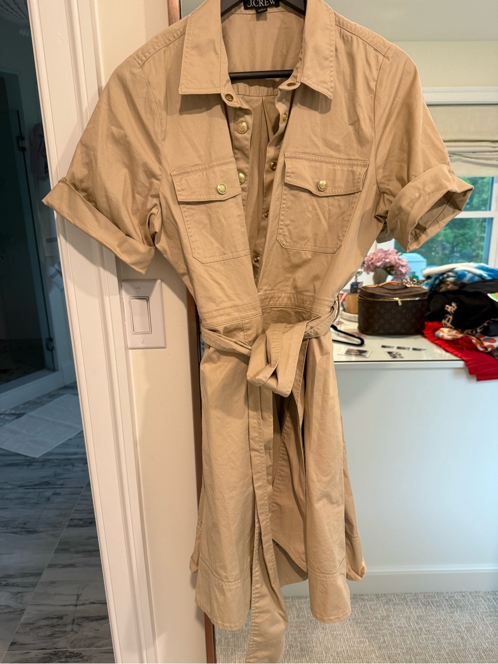 J. Crew Beige Utility Shirt Dress with Gold-Tone Hardware